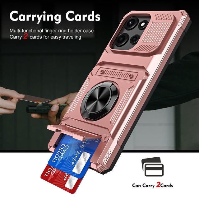 For Motorola Moto G Play 2025 Phone Case with Finger Ring Holder Kickstand, Card Slots,Heavy Duty Shockproof Rugged Protective Working with Magnetic Car Phone Mount,Rose Gold,For Moto G Play 2025