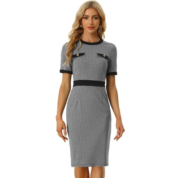 DARING DIVA Short Sleeve Contrast Bodycon Plaid Houndstooth Dress XS Black