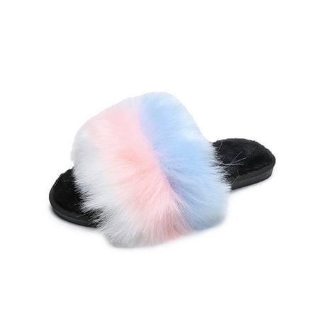 

BORKE Women s Faux Fur Slippers Fuzzy Flat Spa Fluffy Open Toe House Shoes Indoor Outdoor Slip on Memory Foam Slide Sandals