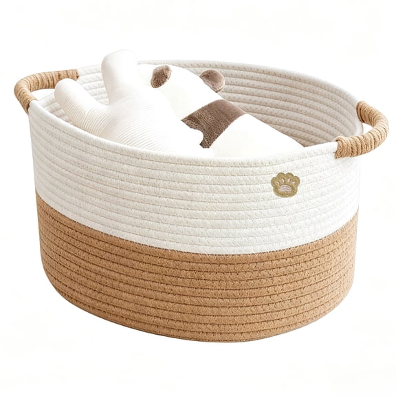 OAKART Dog Toy Basket, Cotton Rope Large Blanket Basket for Living Room Oval with Handles, 17" x 12.5" x 8.5" (30L), White Khaki