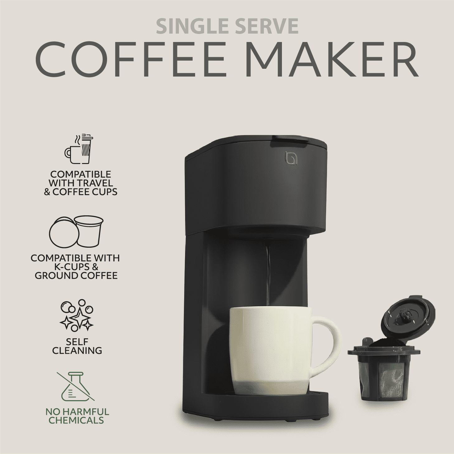 Willow Kitchen Single Serve Coffee Maker Machine for Pods & Grounds with K Cup, Self Cleaning & Small Portable Coffee Maker, Black