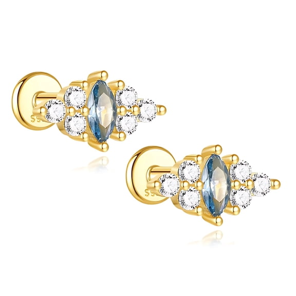 Blue Marquise CZ Flat Back Earrings for Cartilage or Lobe 16g Gold Plated Sterling Silver 1 pair by Ginger Lyne