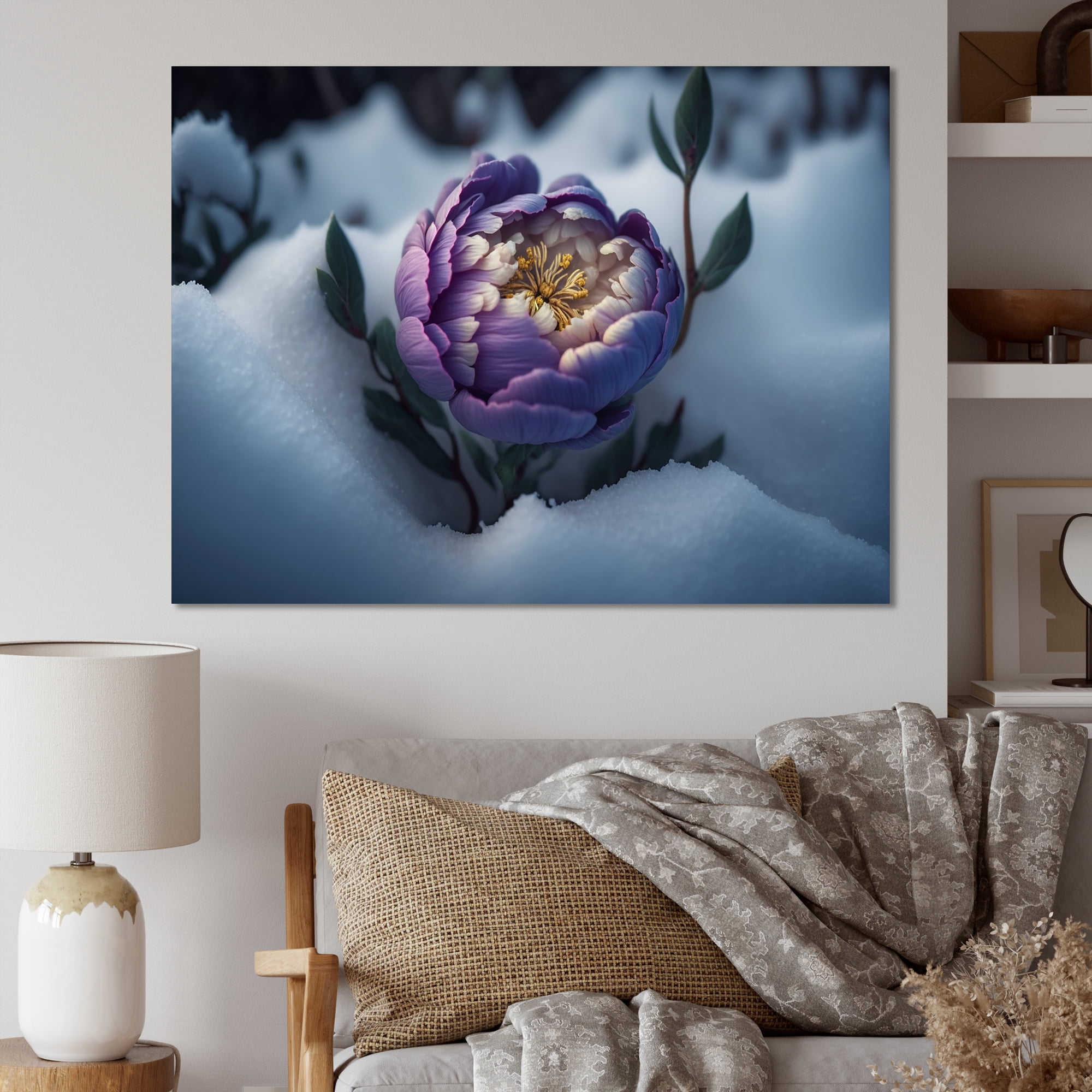 Designart A Blooming Puple Peony Flower In Winter IV Canvas Wall Art