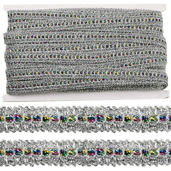 20M 1/2 Inch Metallic Braid Lace Trim Silver Sequin Colorful Woven Ribbon Glitter Fabric Upholstery Gimp Trimming for Jewelry Making Sewing Curtain Slipcover Craft Home Decor Supply
