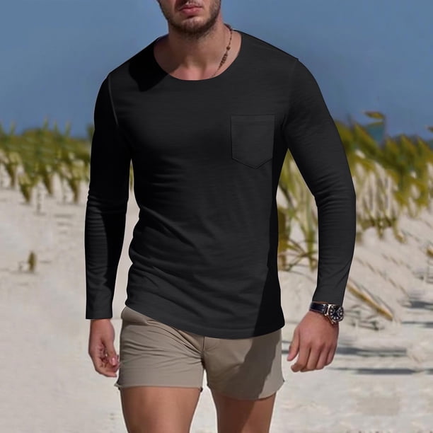 pstuiky camisa de manga larga para hombre, Camiseta deportiva de manga larga con cuello redondo y bolsillo informal de colores sólidos para hombre top de hombre m