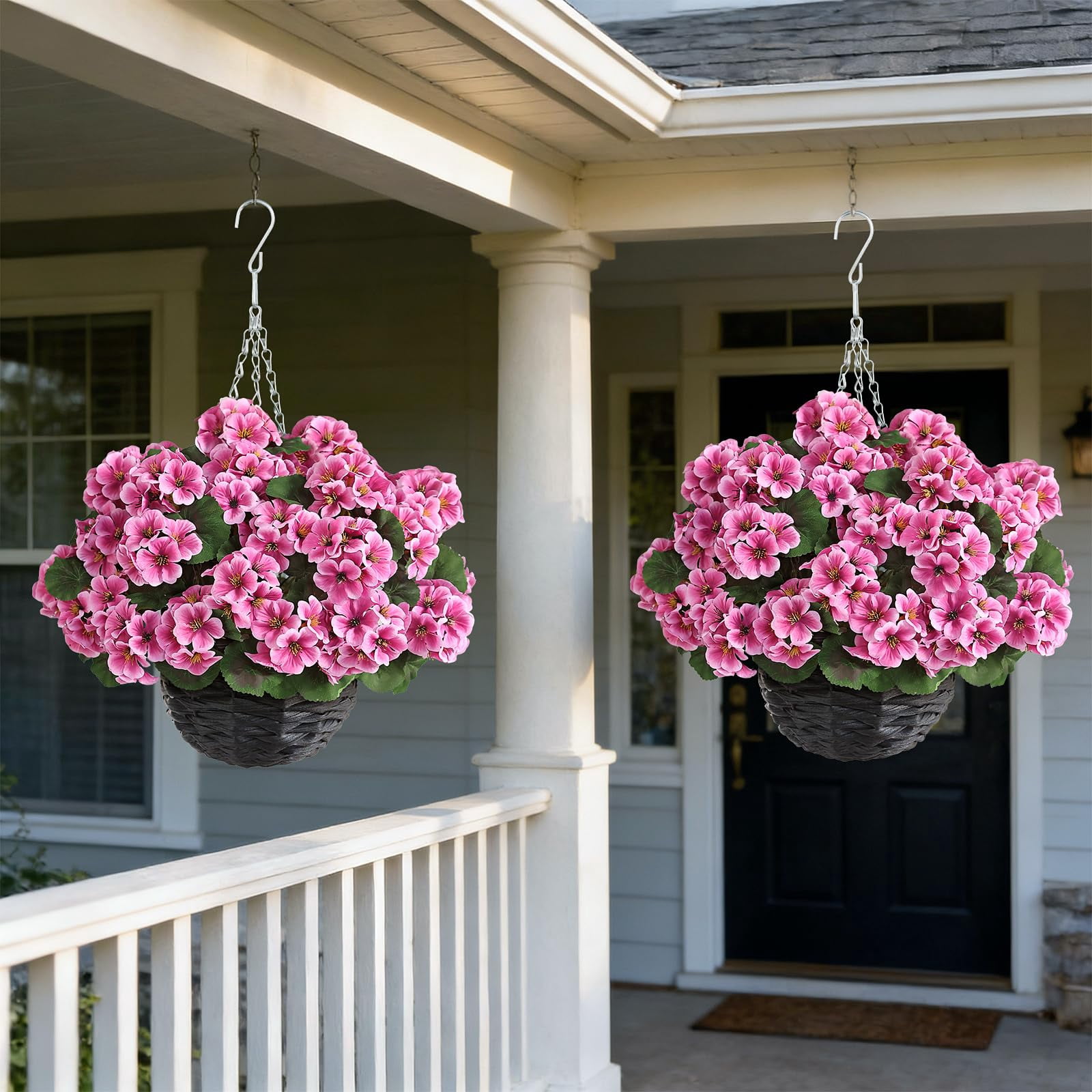 2 Set Artificial Geraniums Flowers with Hanging Baskets for Outdoors - Sun Resistant Silk with Geranium Flowers, Fake Hanging Planters for Front Porch Garden Patio Home Decor (Red)