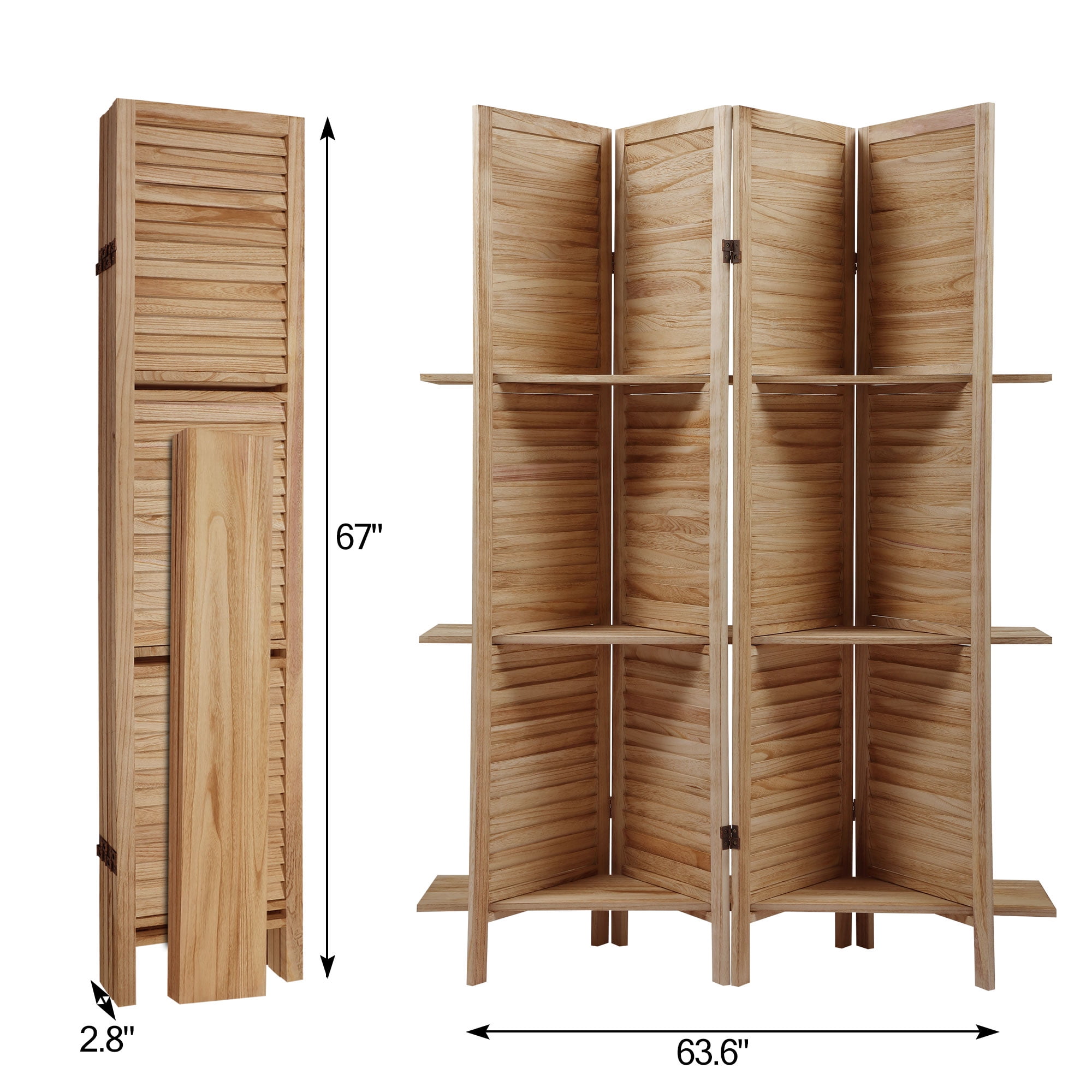 Kadyn 4 Panel Room Divider for Dining Room, Room Screen with 9 Display Shelves for Office, Freestanding Folding Office Divider for Study, Light Burn