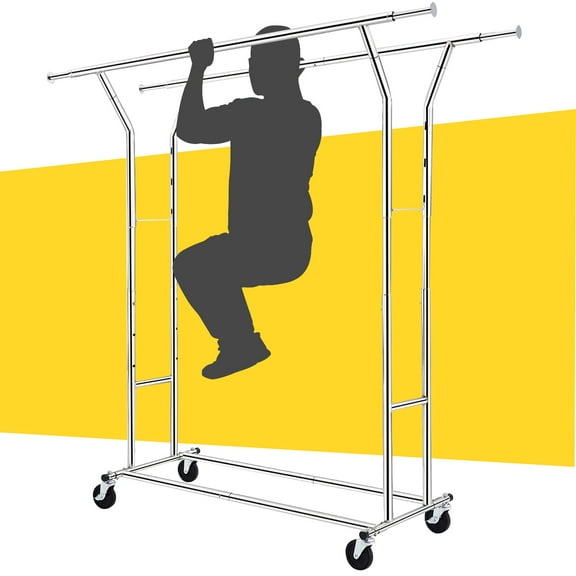 Baokaler 500 lbs Heavy Duty Garment Clothes Rack on Wheel Commercial Metal Clothes Racks Collapsible Clothing Racks for Hanging Clothes, Double Rolling Clothes Rack with Shelf, Chrome Finish