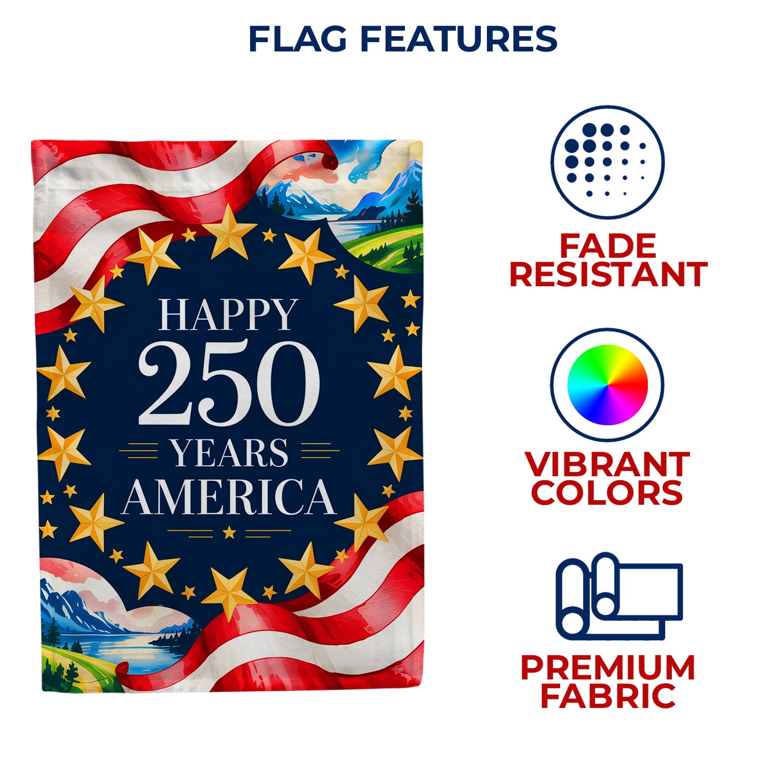 America Forever Happy 250 Years America House Flag, 28 x 40 inch Double Sided, Mountain Landscape Flag, USA Semiquincentennial, Patriotic 250th Anniversary Celebration