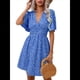 thumbnail image 2 of Vestido Corto Informal de Verano con Estampado Floral y Mangas con Vuelo para Mujer, Vestido Veraniego con Cuello en V. Azul XXL, 2 of 9