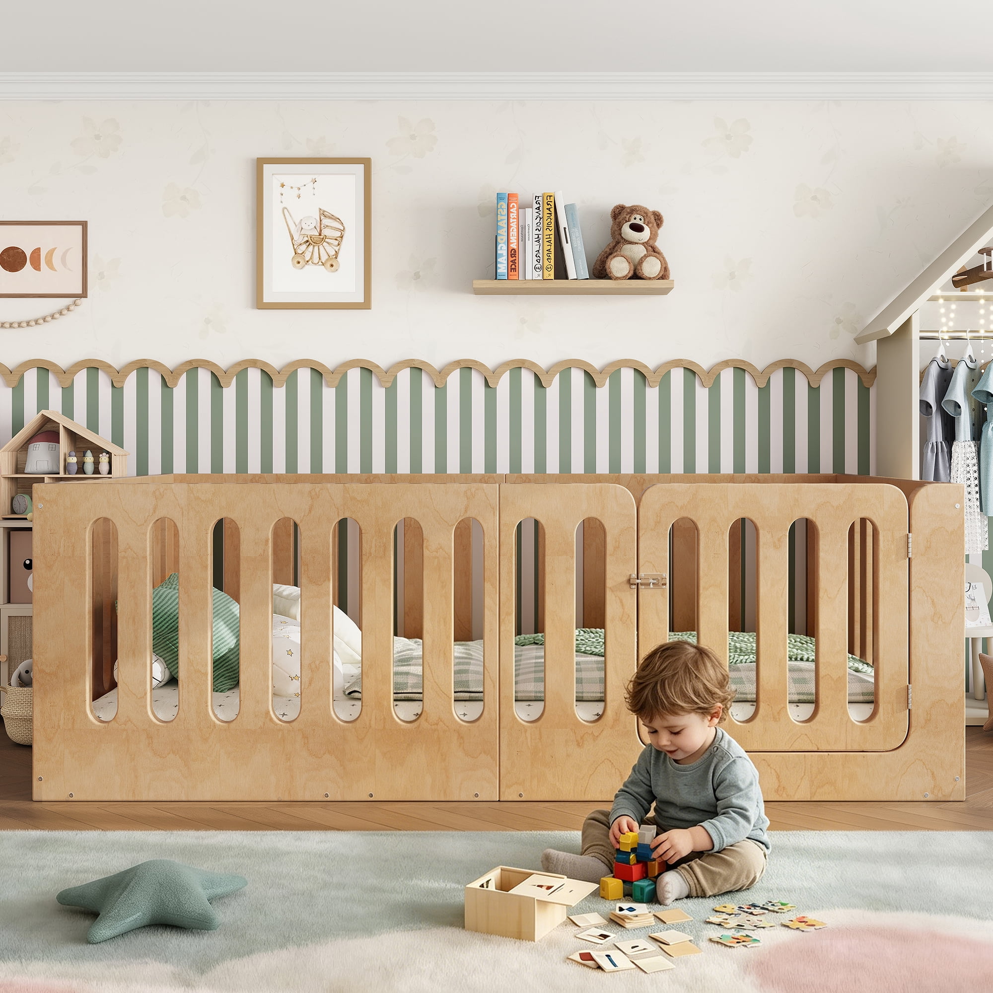 Twin Size Floor Bed with High Fence for Kids, Solid Wood Kids Montessori Bed with Door, low-profile and No Box Spring Needed Design, Natural