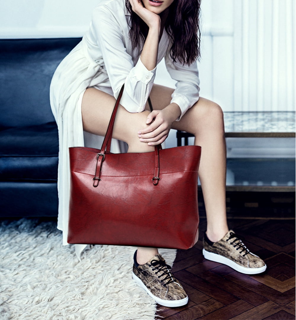 Classic Fashion Genuine Leather Tote Bag for Women Casual Big Capacity Shoulder Bag Handbag Purses with Zipper