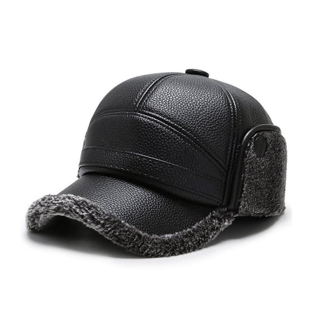 PU Leather Winter Hat for Elderly Men, Windproof Thickened Lining, Ear Protection & Duckbill Design