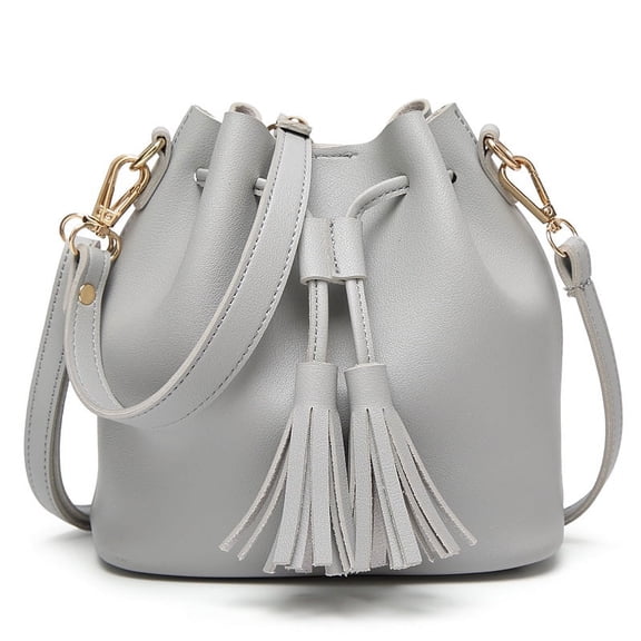 LNGOOR Handbags for Women, Shoulder Bags Leather Drawstring Long Strap Shoulder Purses Bags (Gray)