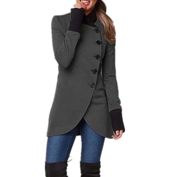 Admvng Women's Coat Asymmetric Plus Size Mid Length Stand Collar Long Sleeve Slim Jacket with Ribbed Cuffs