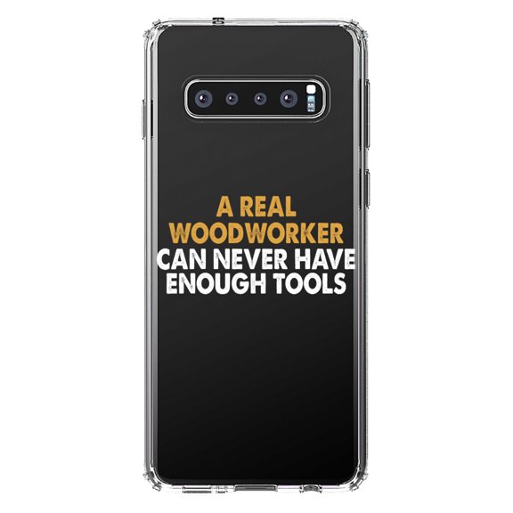 DistinctInk Clear Shockproof Hybrid Case for Samsung Galaxy S10  PLUS (6.4" Screen) - TPU Bumper Acrylic Back Tempered Glass Screen Protector - Real Woodworker Can Never Have Enough Tools