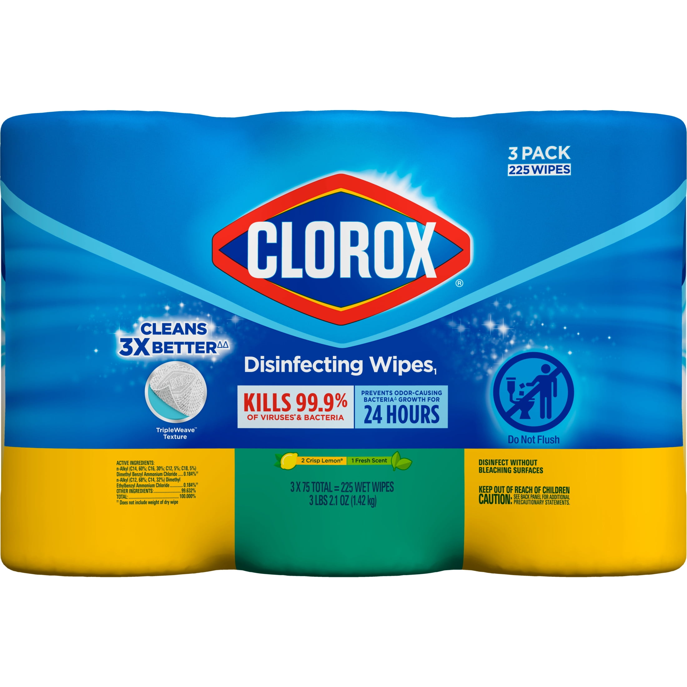 Clorox Disinfecting and Cleaning Wipes, Crisp Lemon and Fresh Scent, 75 Count Each, 3 Pack