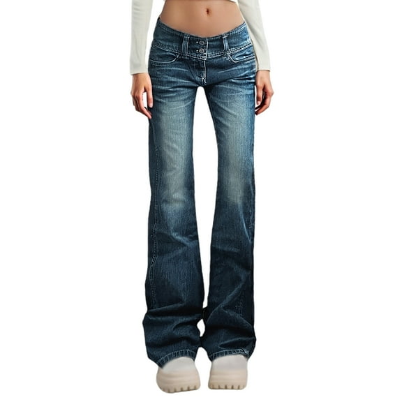 MIXUE Jeans For Women Solid Color Vintage High Waist Button Fly Slim Fit Straight Leg Casual Wide Leg Pants" Trousers Streetwear,Blue,L