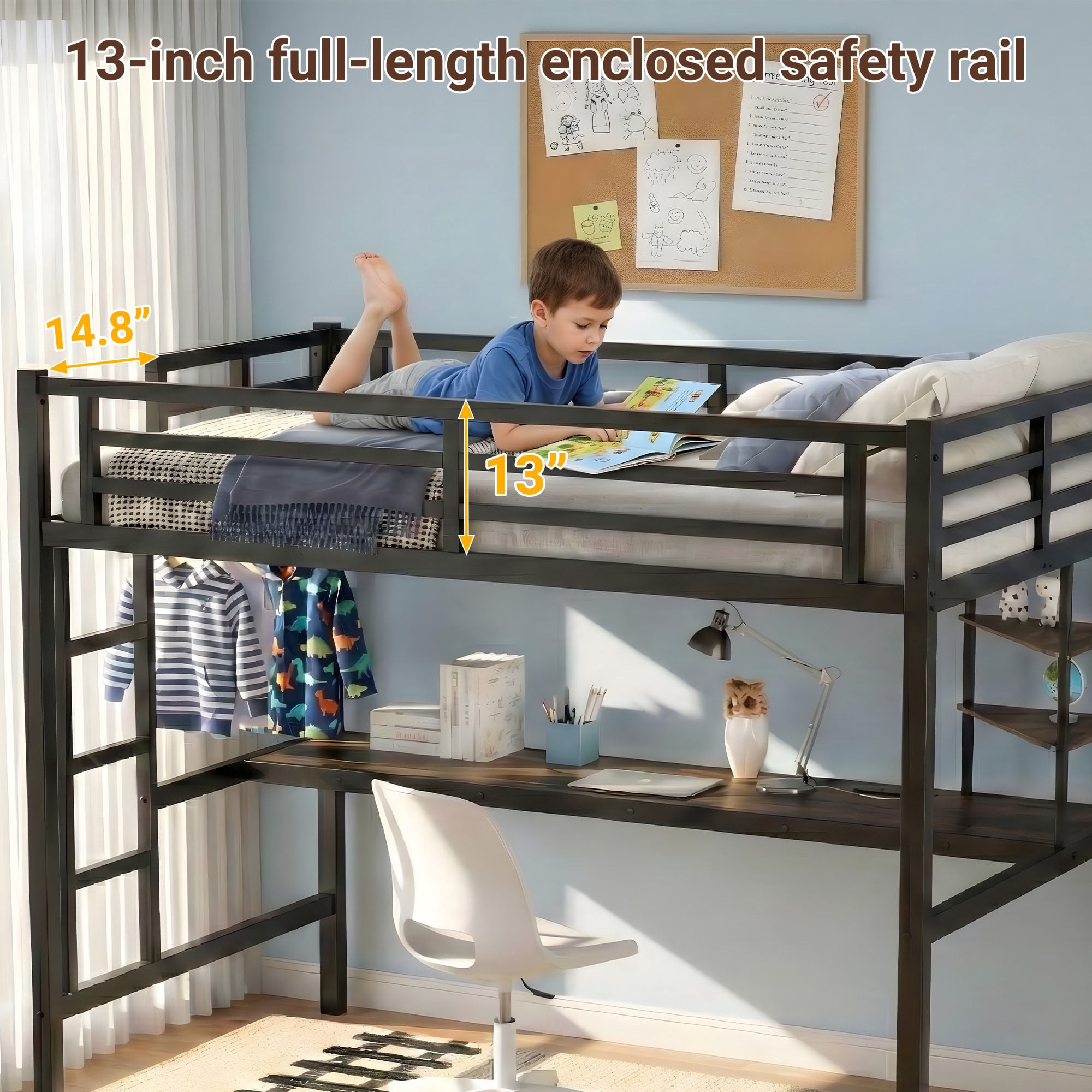 Miniyam Twin Size Loft Bed with Desk and Storage Shelves, Metal Loft Bed with Charging Station and LED Lights