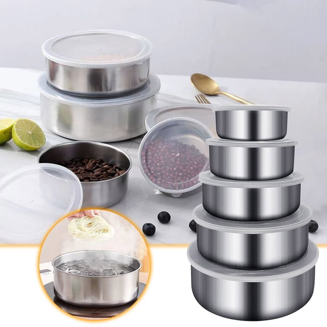 Sentmoon Food Storage Containers Five Piece Stainless Steel Fresh-keeping Box with Lid, Circular Sealed Refrigerator, Fresh-keeping Storage, Household Fresh-keeping Box