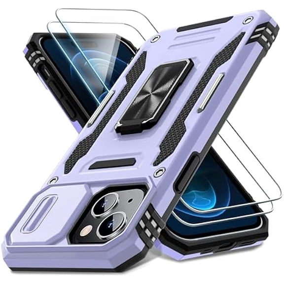 Case for iPhone 15 with Slide Camera Cover Screen Protector (2 Packs), Rotated Ring Kickstand Military Grade Shockproof Protective Cover-Light Purple