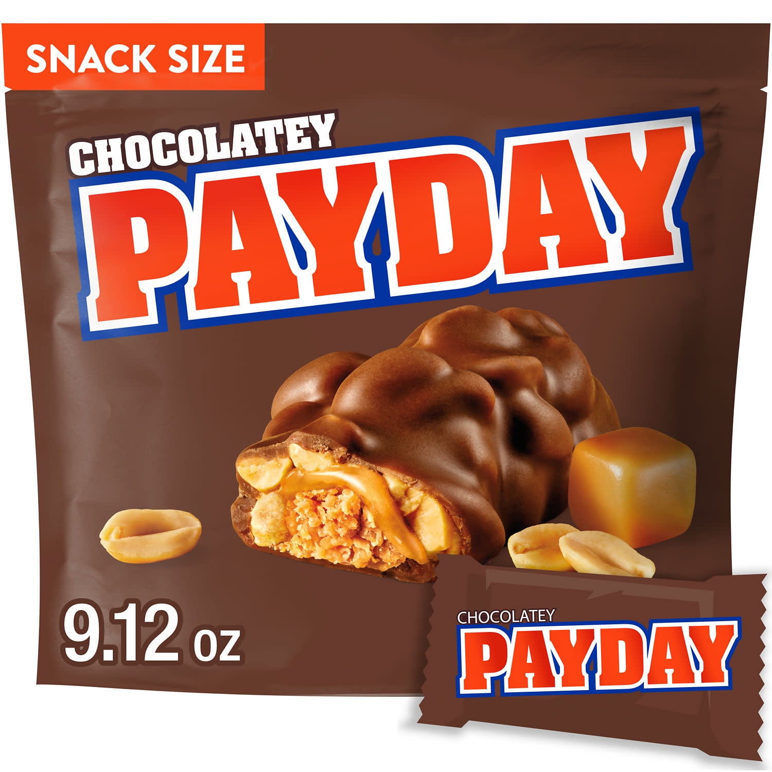(3 pack) Payday Chocolatey Peanut Caramel Snack Size Candy, Bag 9.12 oz