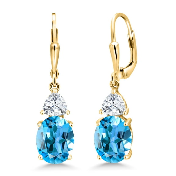 Gem Stone King 18K Yellow Gold Plated Silver Swiss Blue Topaz and White Moissanite Dangle Earrings for Women (7.34 Cttw, Gemstone November Birthstone, Oval 10X8MM, Trillion 5MM)
