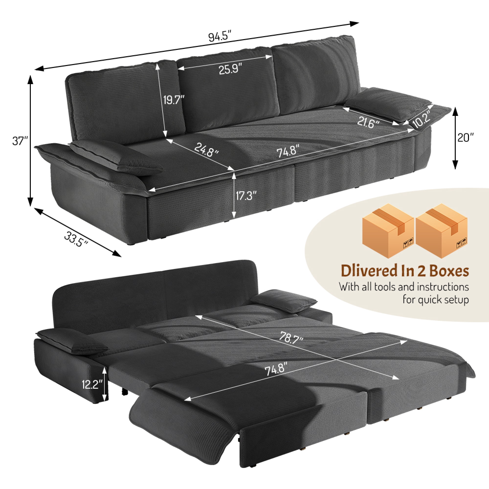 Leumius 94.5" Pull Out Sofa, King Size 3-in-1 Convertible Sleeper Sofa Bed, Multi-Functional Corduroy Bed for Living Room Bedroom Grey
