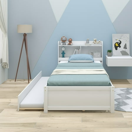 Twin Bed with Trundle,Bookcase,White
