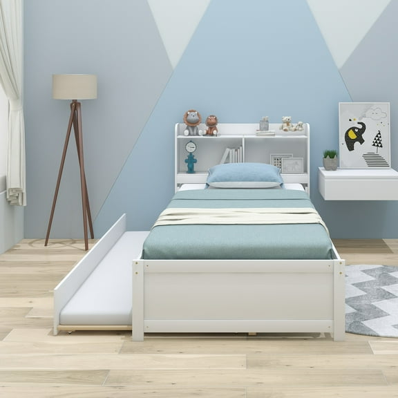 Twin Bed with Trundle,Bookcase,White