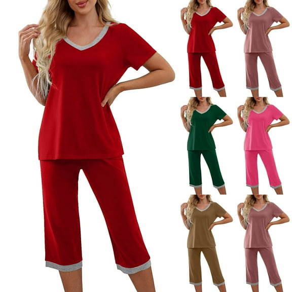 GERsome 2 Pack Womens Pajama Sets Short Sleeve Pullover Tops with Capri Pajama Pants Set Soft Sleepwear Pj Lounge Sets S-3XL (Red,L)