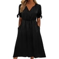 thumbnail image 2 of Women's Short Sleeve Dresses with Pockets Plus Size Multi-Color Satin Zipper V-Neck Dress, 2 of 9