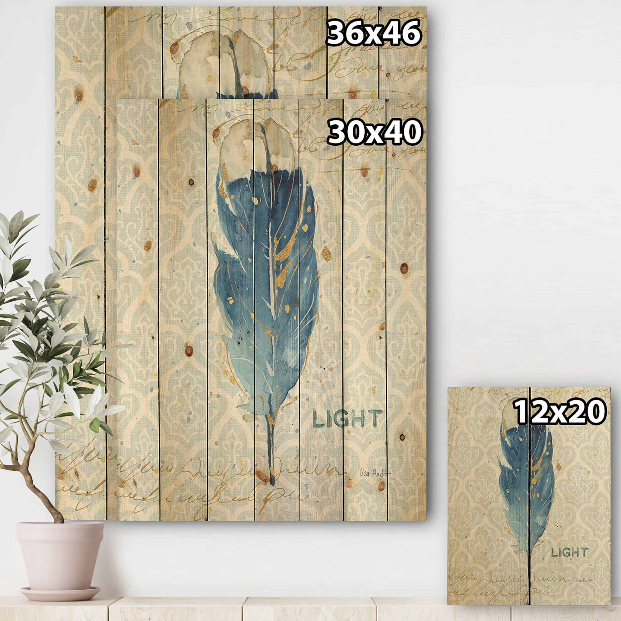 Designart 'Blue Damask Art Feather' Farmhouse Print on Natural Pine Wood