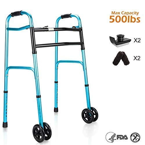 Oasisspace Heavy Duty Folding Walker Bariatric Walker With 5” Wheels For Seniors Wide Walker