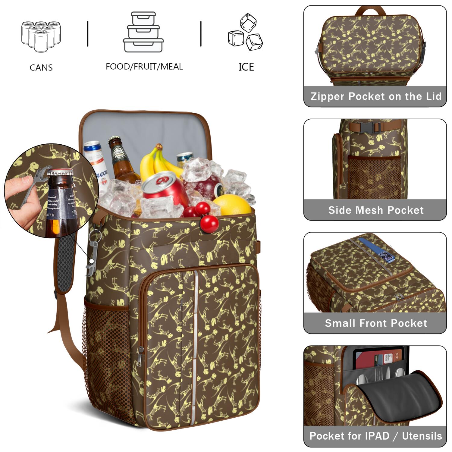 Travel Cooler Bag - Brown Yellow Dinosaurs Fossils Pattern Camping Beer Cooler Backpack with Bottle Opener- Waterproof Insulated Picnic Backpacks - Cooler Bag for Beach
