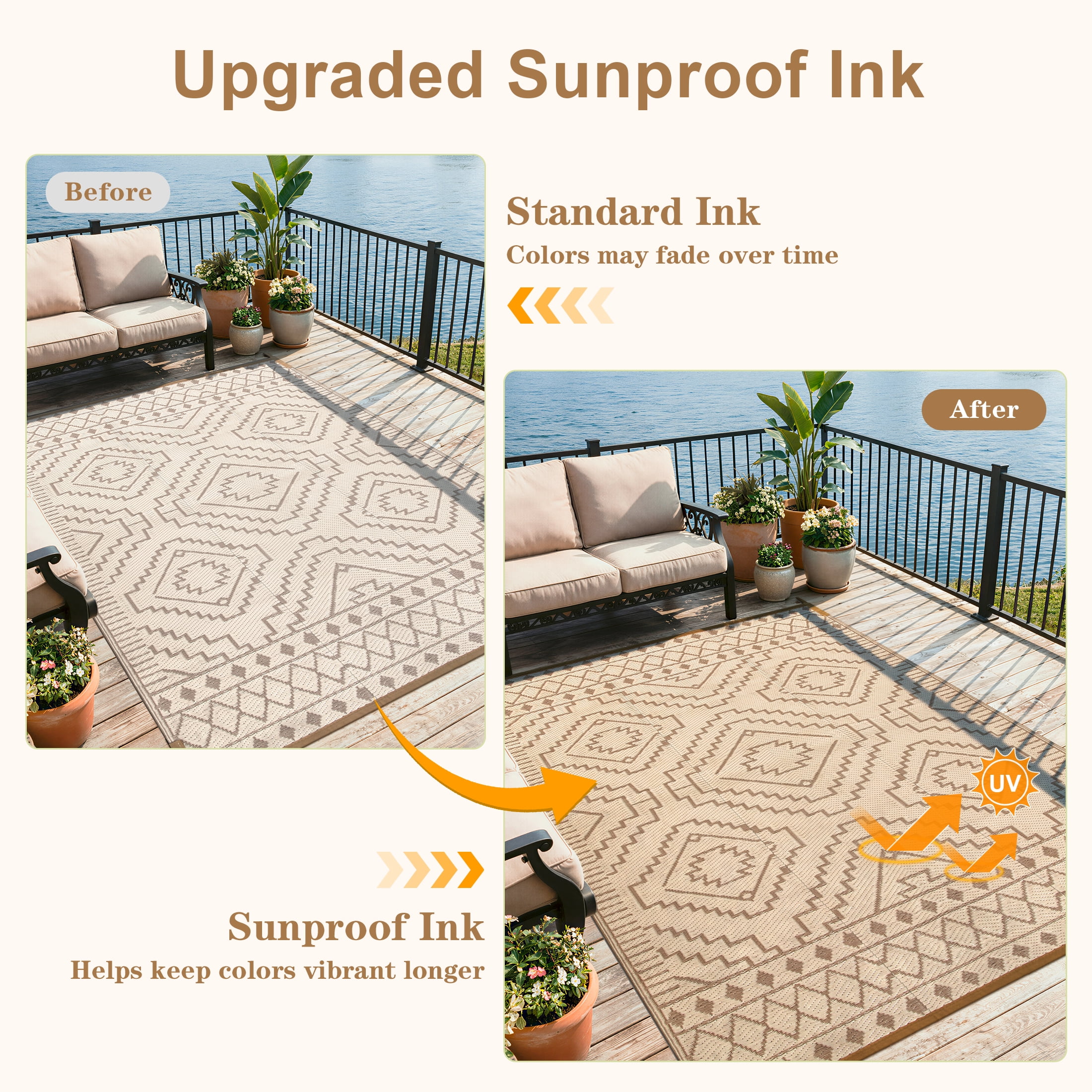 RUG ROBOT 8'x10' Waterproof Outdoor Rug, Reversible Plastic Straw Outside Rug for Backyard, Patio, Moroccan Indoor Outdoor Rug for Camping, Garden, Balcony, Camping & RV, Black/Brown