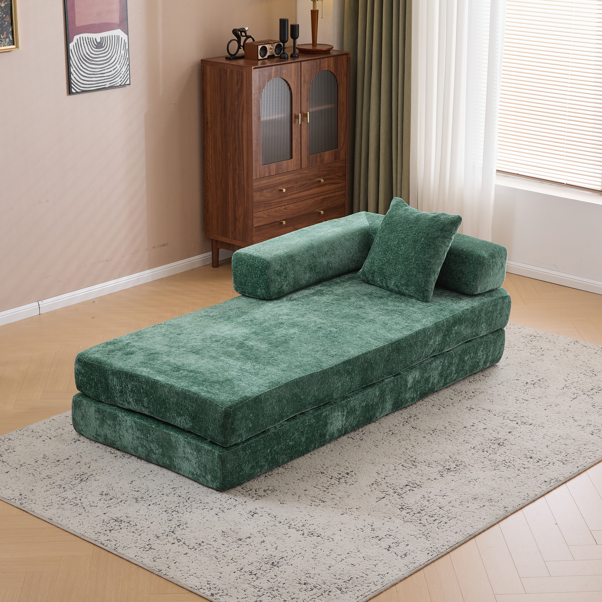 Miniyam 4 in 1 Convertible Floor Sofa Bed, Chenille Floor Couch with Armrest, Pillow for Living Room, Green
