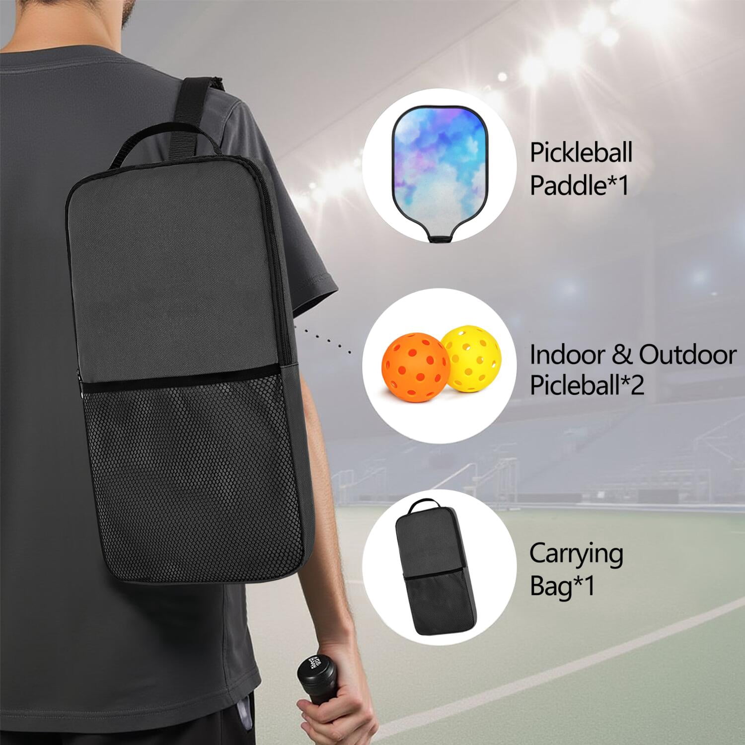Pickleball Paddles Set Of 1, Fiberglass Surface, Fluid Smoke Aurora Art Style, 1 Paddle, 2 Balls & Bag