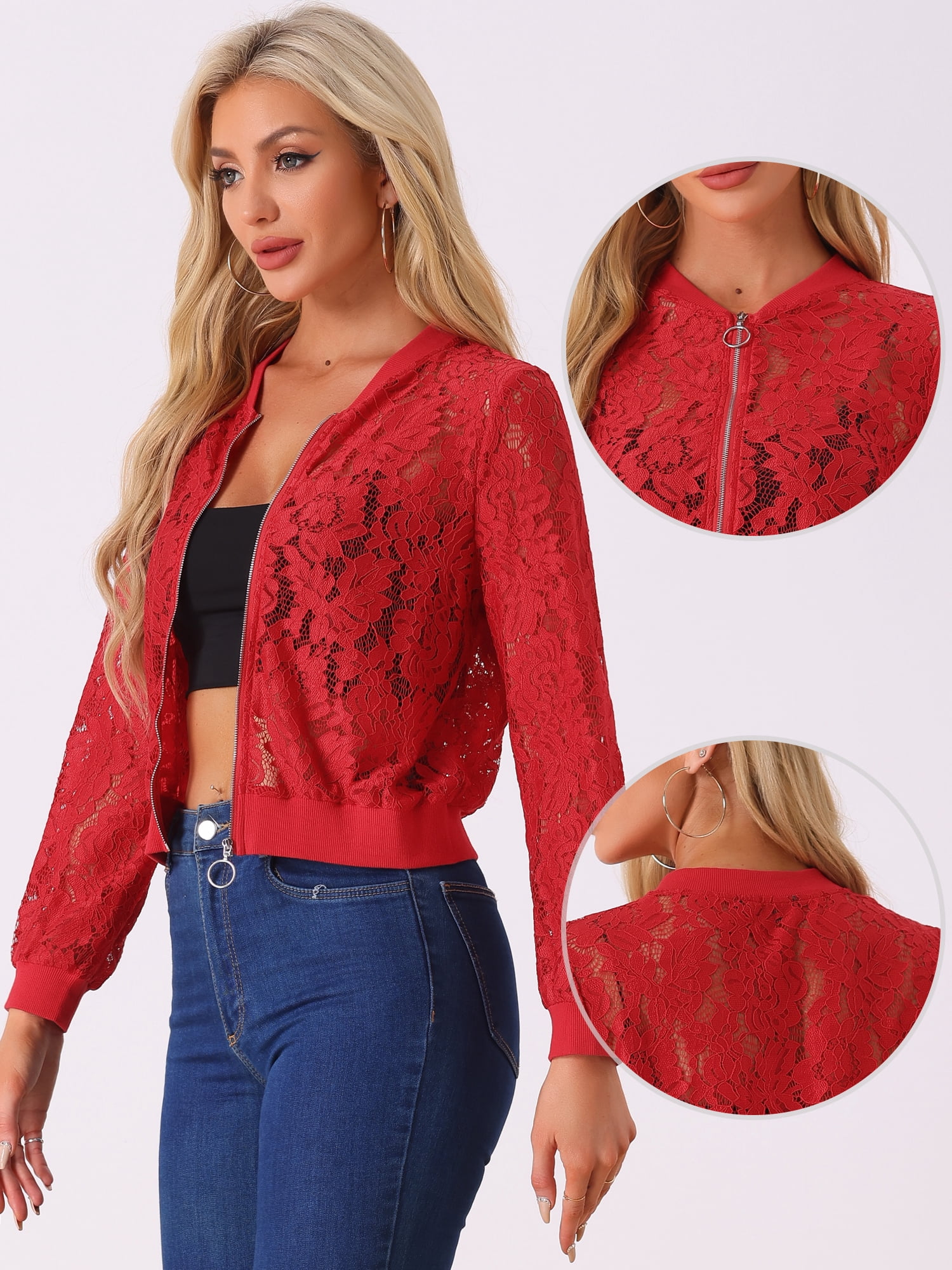 DARING DIVA Women's Lace Jackets Stand Collar Zip Up Gothic Sheer Baseball Jacket M Red