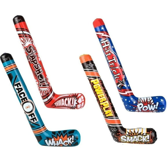 35" Inflatable Hockey Sticks (12 Pack - Random 4 Designs) Colorful. Vinyl.