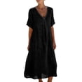thumbnail image 3 of Feancey Womens Cotton Linen Maxi Dress Solid Color V Neck Short Sleeve Loose Casual Dresses Lightweight Breathable Beach Dress with Pockets for Summer Black XXL, 3 of 10