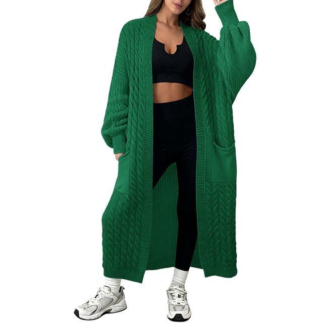 Comdrip Longs Cardigans pour Femmes! Longs Cardigans pour Femmes à devant Ouvert Cardigan en Tricot Torsadé à devant Ouvert Chandail Ample Drapé Manteau d'Extérieur Cardigans d'Automne pour Femmes Vert G