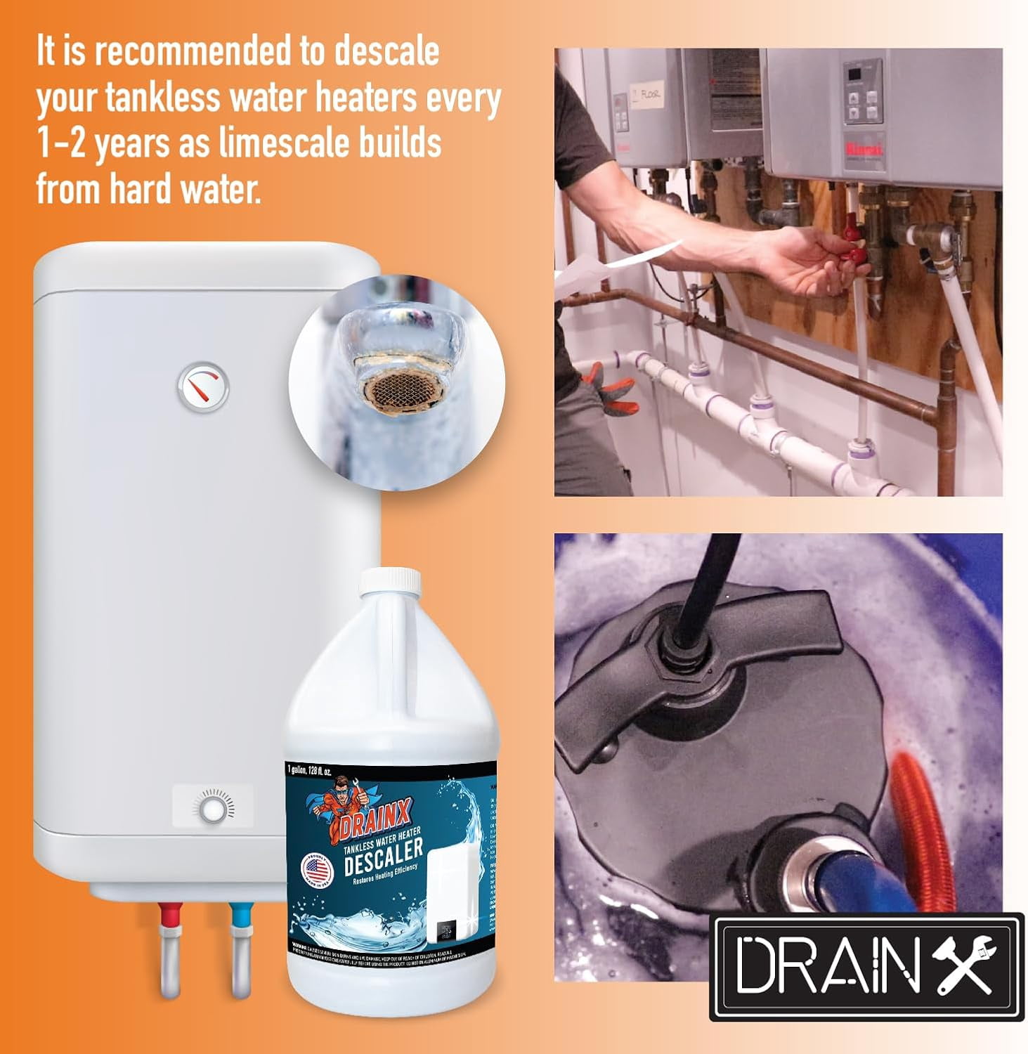 DrainX Tankless Water Heater Flush Kit with 1 Gallon Descaling Solution, 1/6 HP Pump and 6 ft Hoses