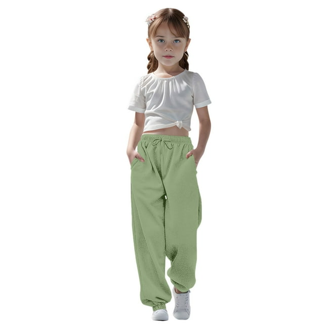 WENXIAOO Sweatpants For Teen Girls Drawstring Sweatpants With Pockets Solid Color Green Sweatpants Girls Boys Active Pants Size 13-14 Years