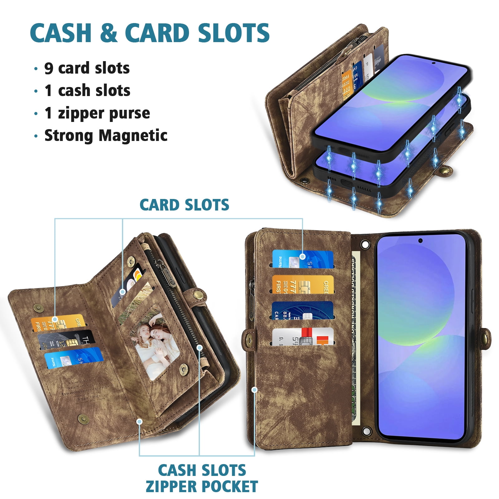 Asuwish Phone Case for Samsung Galaxy A36 5G Zipper Wallet Detachable Cell Cover with Tempered Glass Screen Protector Crossbody Lanyard Strap Flip Card Holder A 36 36A LTE SM-A366U Women Girls Brown