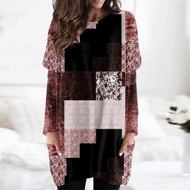 Liquidation! Tunique Décontractée pour Femmes Manches Longues Col Rond Imprimé Mode avec Poche Offre du Jour Aujourd'hui Liquidation Entrepôt 39