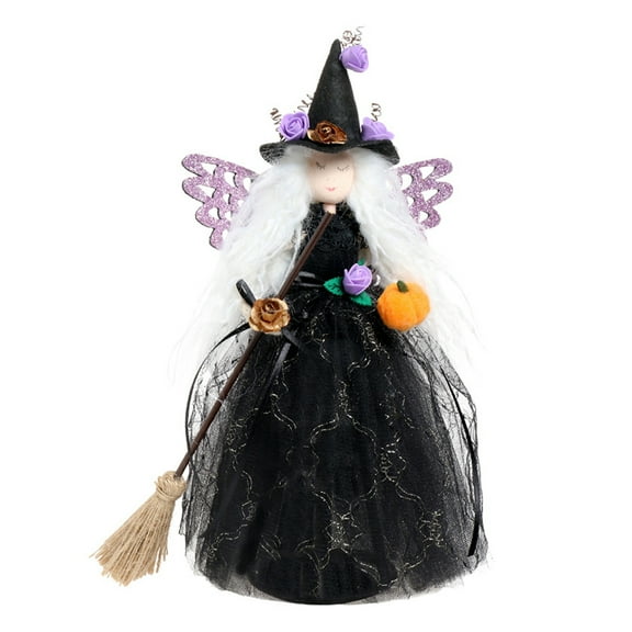 Halloween Broom Witch Treetop Decoration Black Witch with Wings Desktop Ornament Hat Witch Tabletop Decoration for Home Haunted House Fireplace Dining Table Counters Decoration Purple