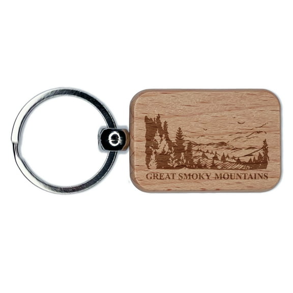 National Park Great Smokey Mountains Rectangle Keychain Charm Tag - Engraved Wood