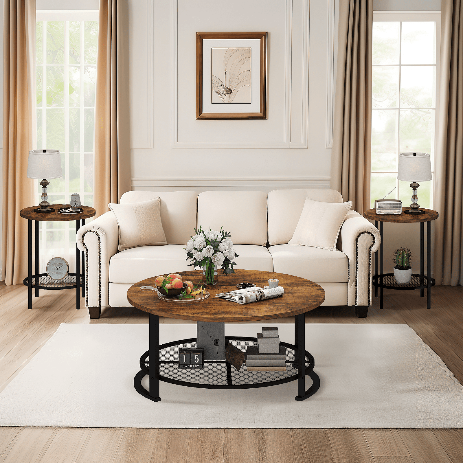 MIERES Round Coffee Table Set of 3, 2-Tier Metal Mesh Storage Shelf Living Room Set with 1 Large Center Table & 2 Small End Tables, Space-Saving Wooden Tea Table for Home Office Apartment, Brown