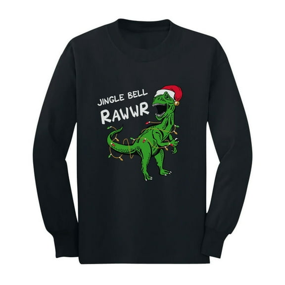 Tstars Christmas Shirt Jingle Bell Rawr T Rex Santa Youth Kids Long Sleeve T-Shirt